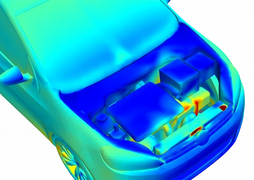 Engine bay thermal map showing hotspots near front components and cooling areas.