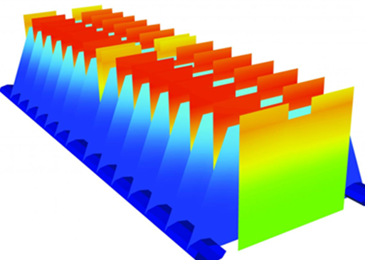 Heat distribution across finned component, showing temperature gradient from base to tips.