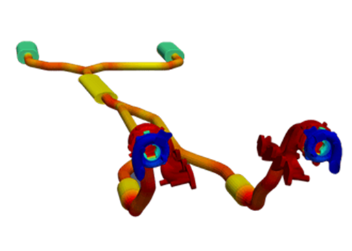 Exhaust and turbo system thermal simulation highlighting high-temperature regions along pipes and components.