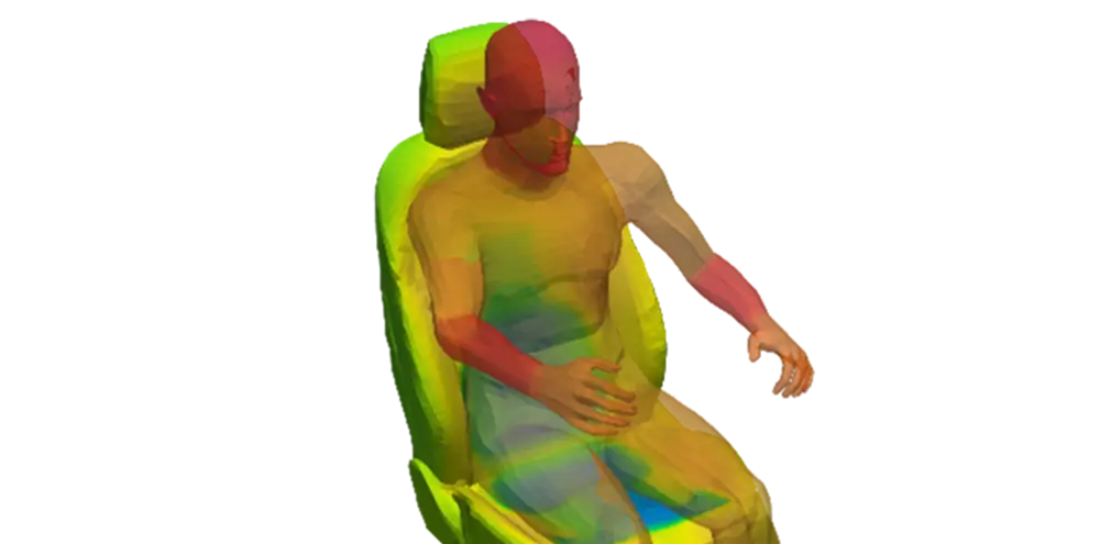 3D thermal map of a seated person in a car seat, with heat distribution across the body and seat.