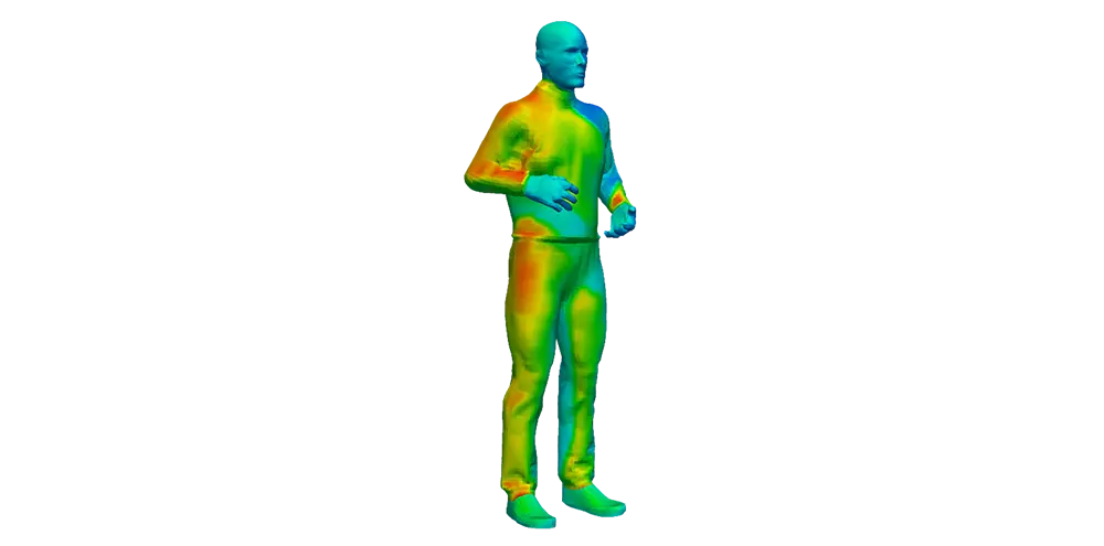 3D standing human figure with color-coded thermal map showing heat distribution across the body.