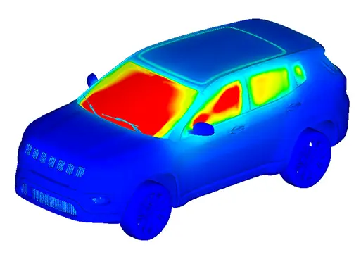 Vehicle exterior thermal map showing heat buildup on windshield and side windows.