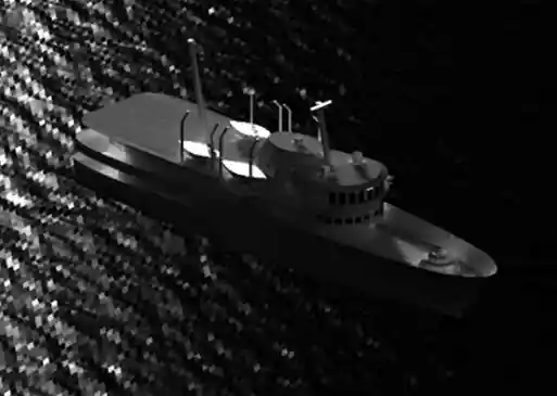 Ship at sea in grayscale thermal-style rendering with reflective water surface.