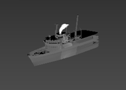 Vessel thermal rendering with bright heat plume rising from exhaust stack.