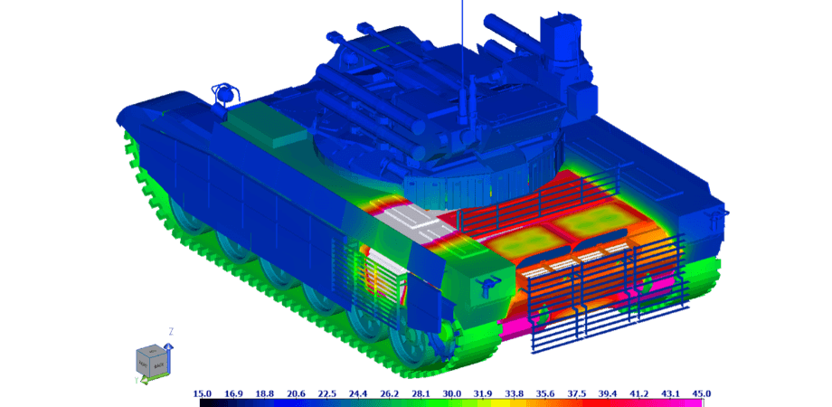3D thermal visualization of a tank showing surface temperature distribution with color-coded heat levels.