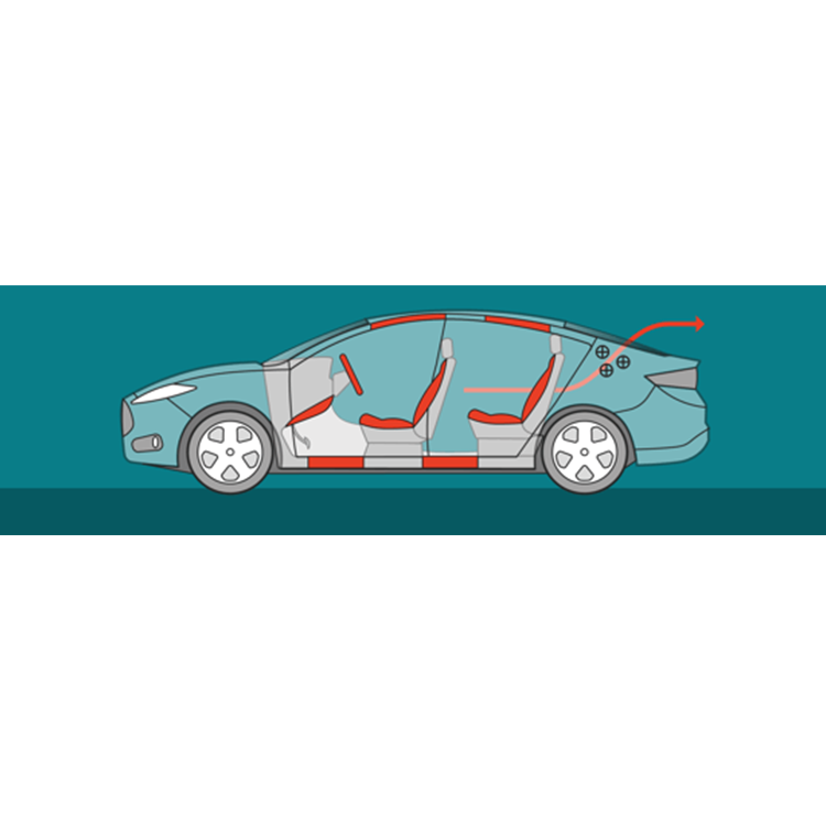 application-sample Car interior diagram showing airflow paths from radiant panels through cabin.