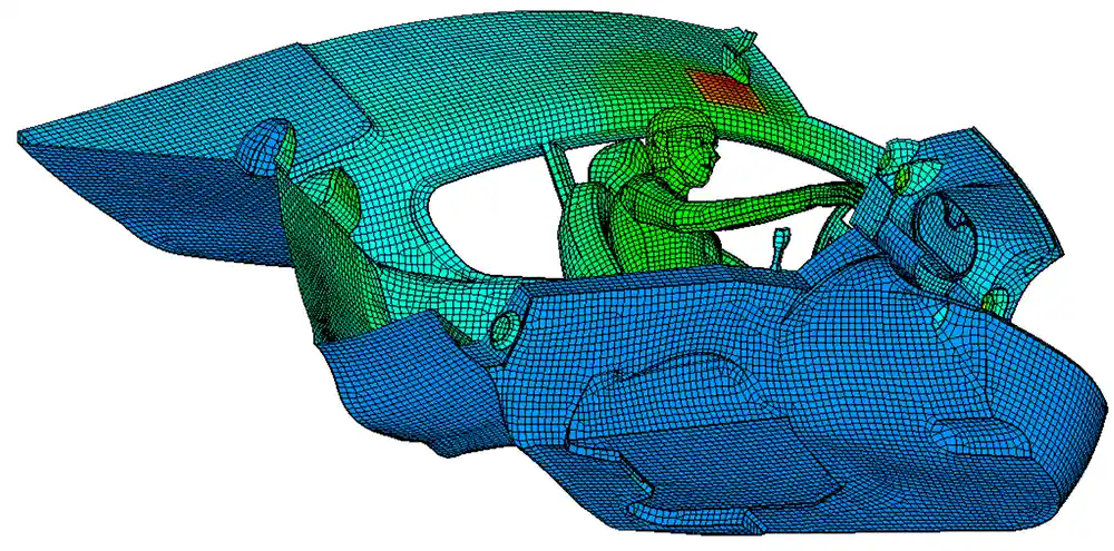 Vehicle mesh model with simulated thermal distribution across body and interior.