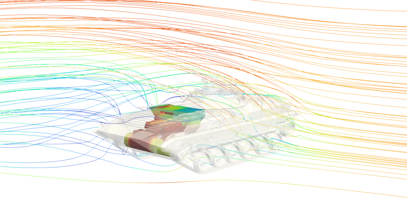 CFD simulation of airflow around a military vehicle showing velocity streamlines and aerodynamic flow patterns.