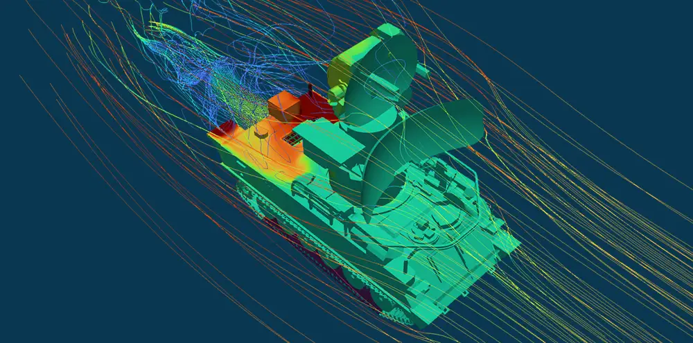 CFD and thermal simulation of airflow and heat distribution over a military vehicle with external components exposed.