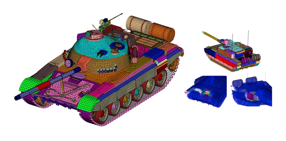 3D tank model with highlighted internal components and thermal analysis views showing heat distribution.