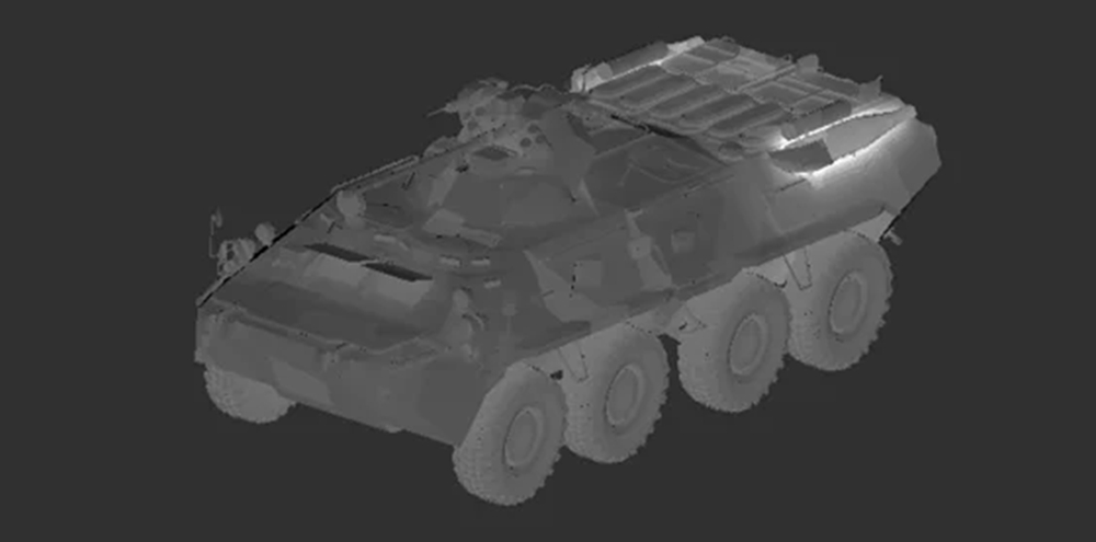 3D model of an armored vehicle showing surface detail for thermal or environmental simulation.