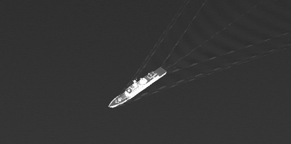 Top-down simulation view of a ship moving through water with wake patterns visible behind it.