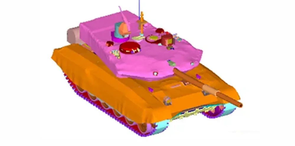 3D tank model with color-coded components highlighting different materials or thermal properties.