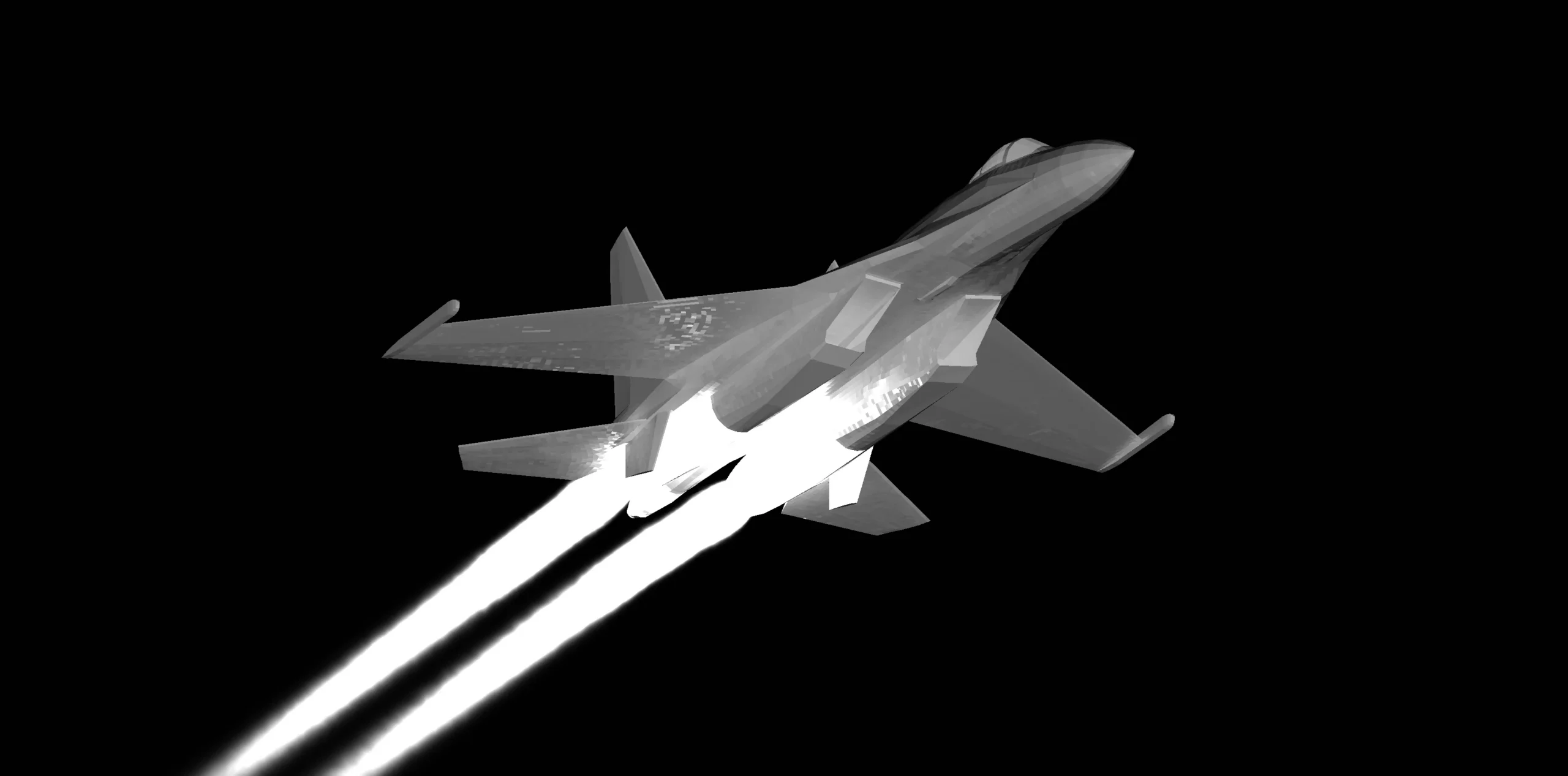 Thermal simulation of a jet aircraft showing heat signature from engines and exhaust.