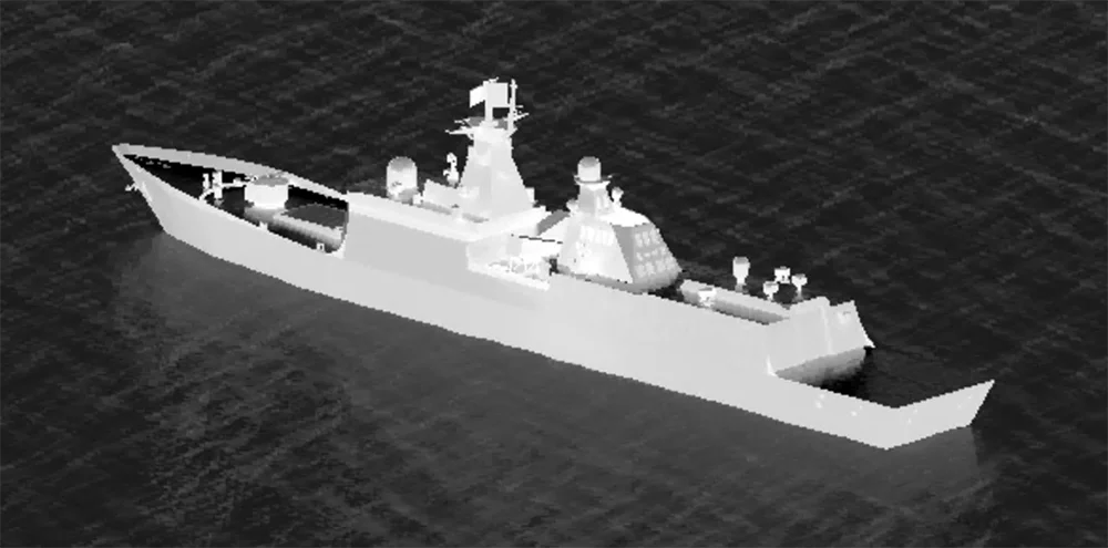 Thermal simulation of a naval ship highlighting its surface signature against the water.