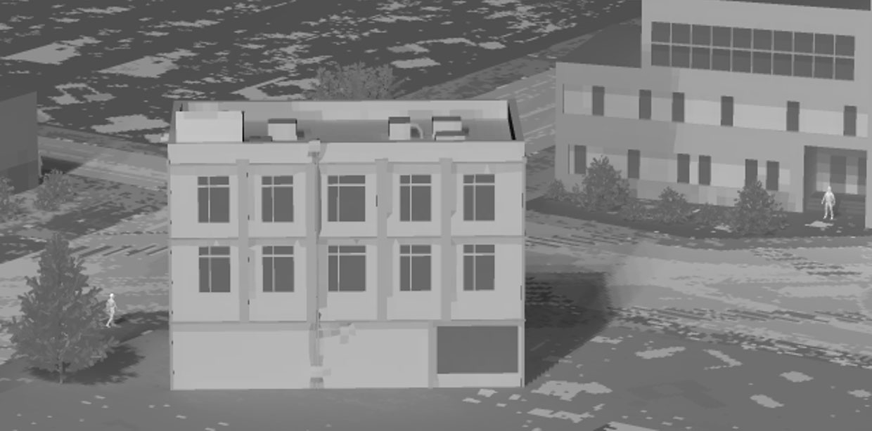 3D urban model showing buildings and streets used for environmental or thermal simulation analysis.
