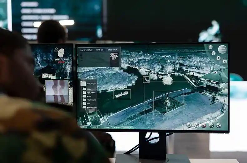 Person viewing a large monitor displaying infrared surveillance imagery with analysis overlays.