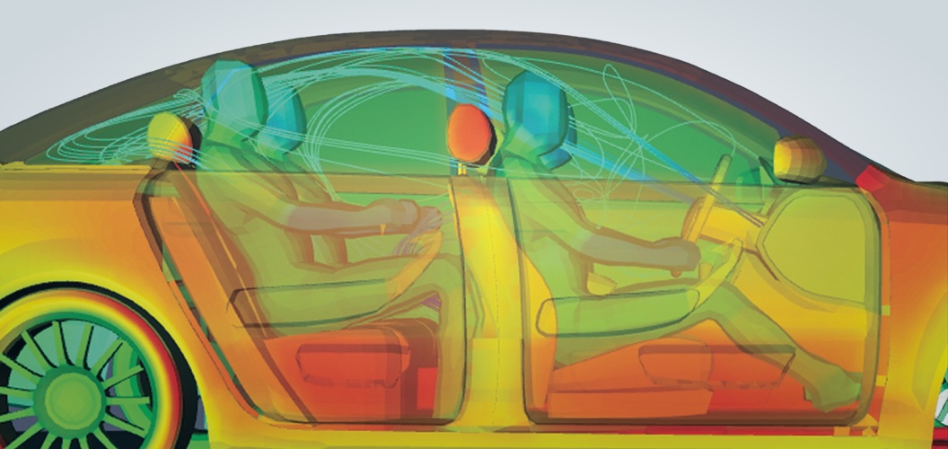 Advanced Thermal Management-Homepage CFD thermal simulation of a car interior showing heat distribution across seats and cabin surfaces, visualized with a red-to-green color gradient and airflow streamlines.