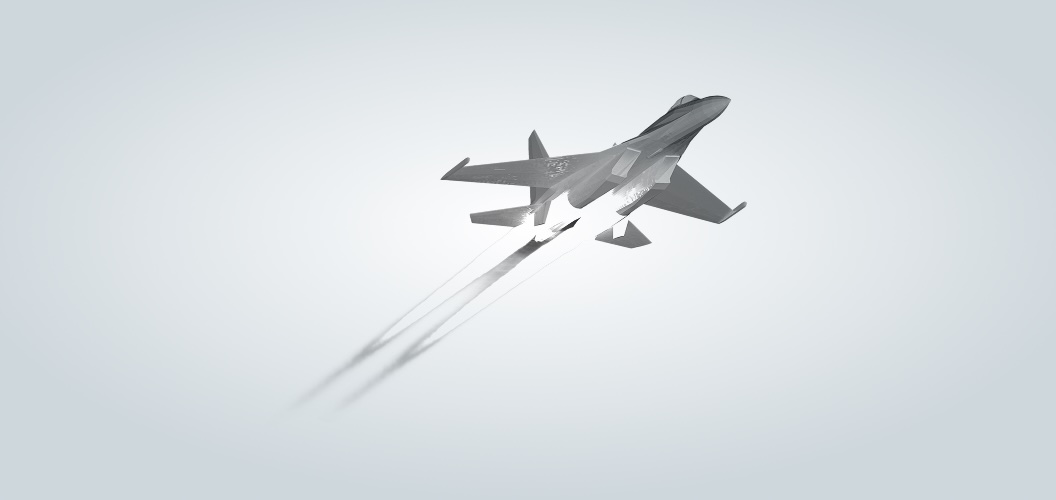 Infrared Signature Prediction-Homepage Grayscale infrared signature simulation of a military fighter jet in flight, with engine exhaust plumes rendered in varying shades to indicate heat emission levels.