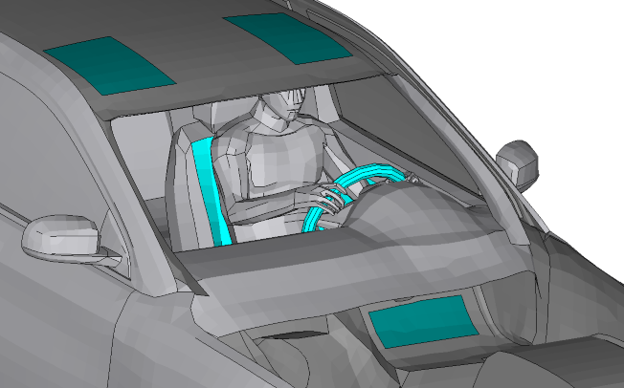TAITherm model of a multi-zone radiant heating system with roof, foot, and console panels, plus heated seat and steering wheel