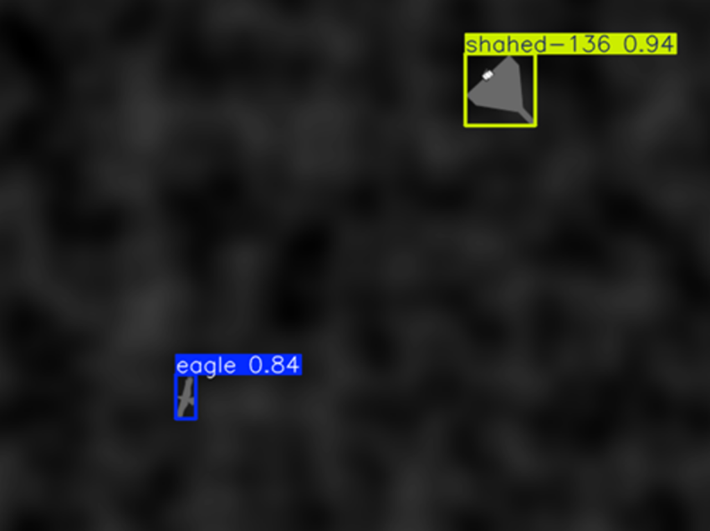 Automated Target Recognition system output showing a drone and a bird identified with confidence scores on an infrared image