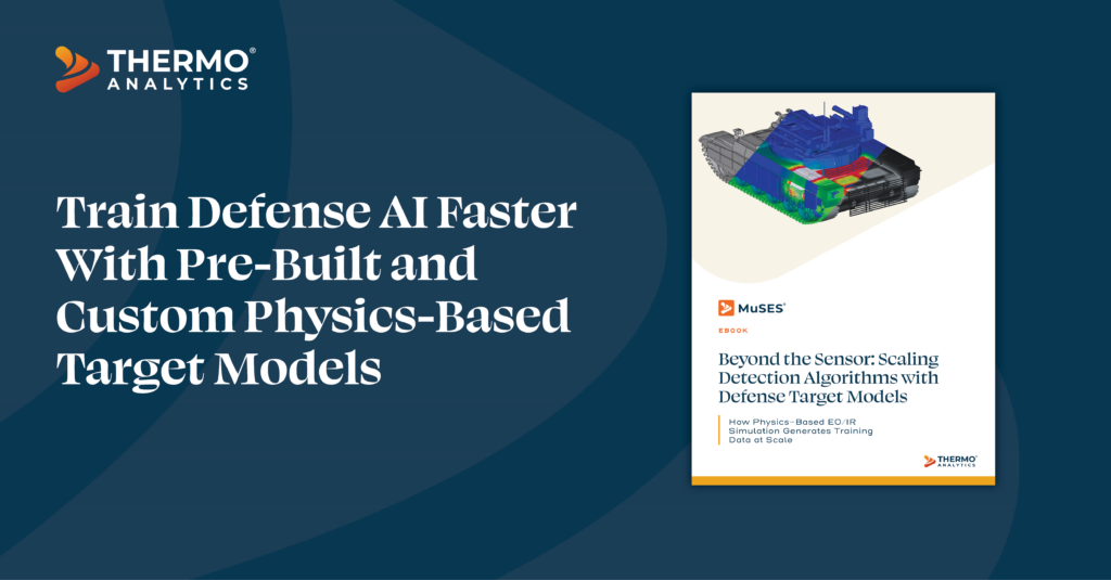 man-at-computer Beyond the Sensor eBook cover with a thermal simulation of a defense target model tank, generating training data with pre-built and custom target models