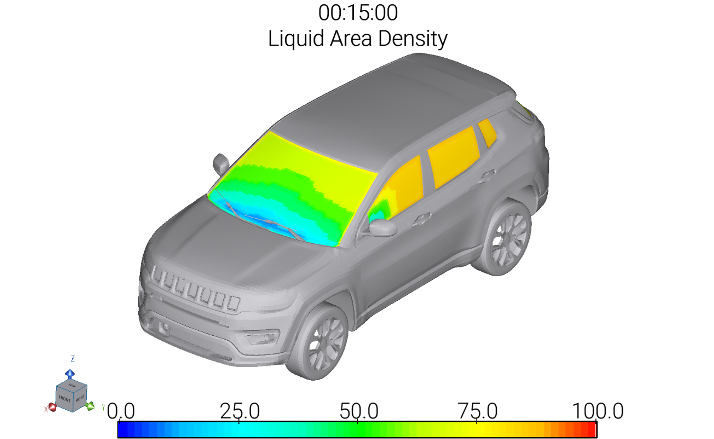Windshield Defog Liquid Area Density in TAITherm Vehicle windshield defog simulation showing moisture on the glass from moisture transport in TAITherm